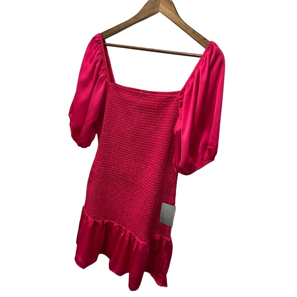 NSR HOT PINK SMOCKED STRETCHY DRESS WITH BALOON SHORT SLEEVES - Picture 9 of 13